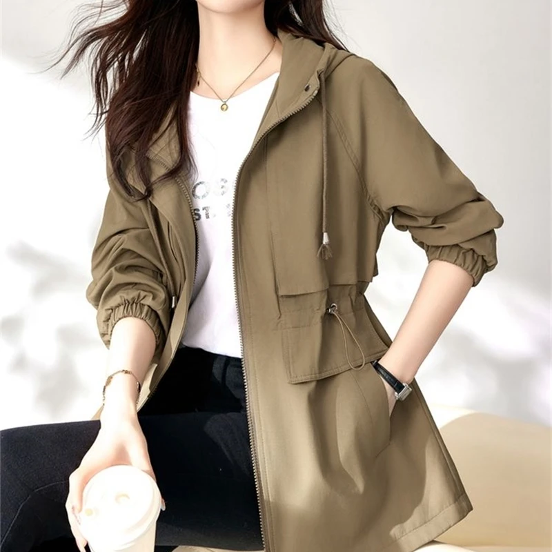 Trencz damski 2025 Nowa wiosna jesień Odzież wiatrówka z kapturem Damska odzież wierzchnia Topy Slim Joker Casualowe płaszcze studenckie