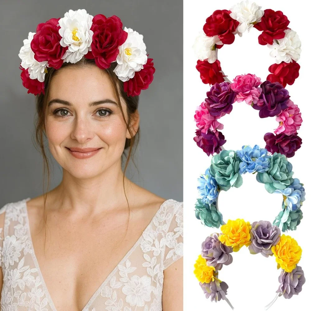 Modisches Rosenblüten-Stirnband für Damen, Braut-Blumenkranz, Bohemian Haaraccessoire, Hochzeits- und Festival-Kopfschmuck, Party-Deko – Detail 2