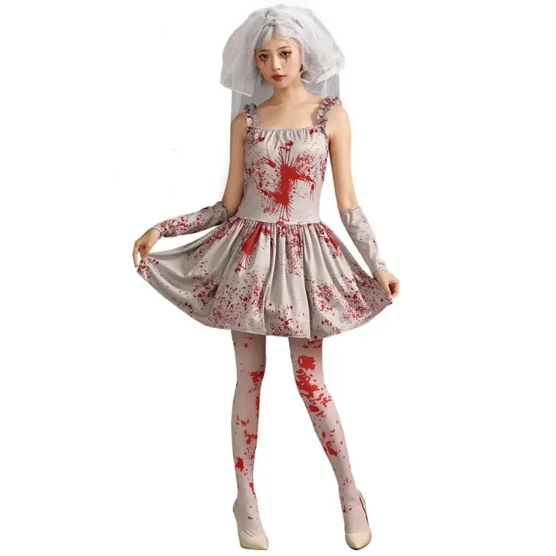 New style masquerade Horror Scary Bloody Zombie Bride Costume for Girls Child Kids Tween Teens Halloween Fancy Dress