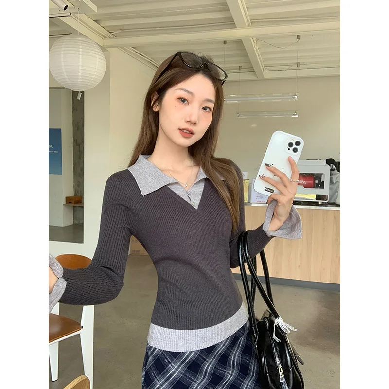 

New Color-Block Fake Two-Piece Knitted Base Shirt For Women, Spring Inner Wear, Flared Long Sleeve, Elegant Sweater