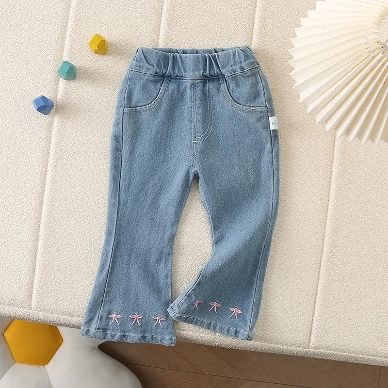 Casual And Versatile Children's Clothing Cotton Korean Style Bow Girls' Pants Loose Flared Children's Jeans For 1-4Y