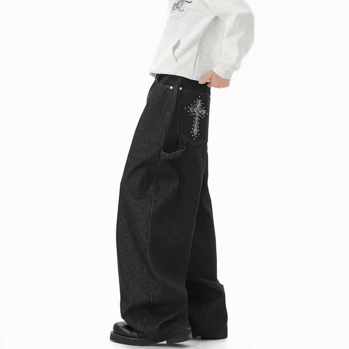 

American Cross Blade Wide Leg Jeans Loose Fit ex Spring High Street Sle Casual Straight Cut Polyester Fiber Youth Jeans
