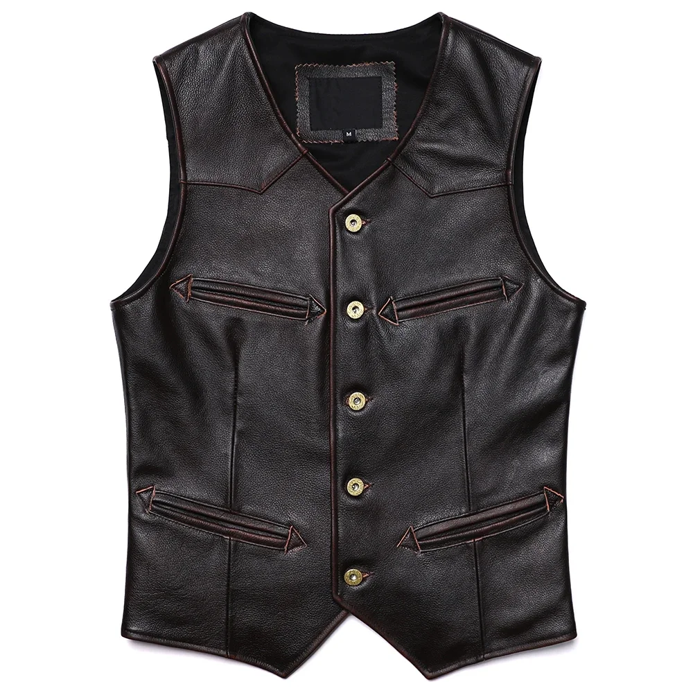 

New Brown Edge Grinding V-neck Genuine Leather Vest Men's Natural Cowhide Slim Sleeveless Jacket Business Gentleman Waistcoat