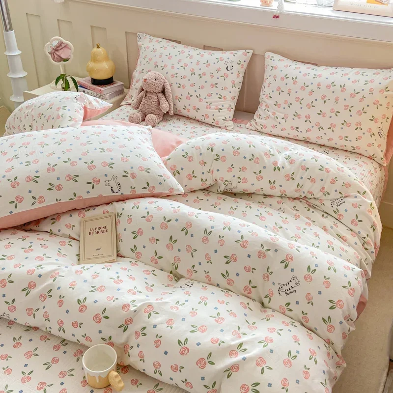 Plant Floral Duvet Cover 3 Piece Set, Cute Cartoon Cat Pattern Bedding Set, Women Kids Girls Bedroom Decorative Pink Quilt Cover