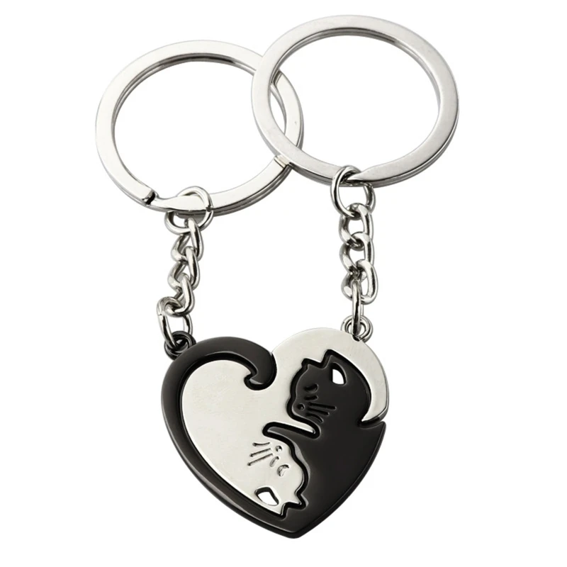 for Creative Couple Keychain Black White Matching Puzzle for Cat Animal Charm Pendant Heart Shaped Metal Keyring Valentines