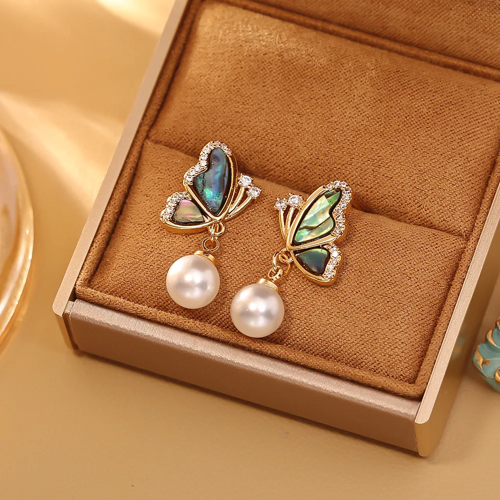 Fantasy colorful mother-of-pearl butterfly pearl earrings niche high-end retro earrings silver needle zircon earrings for women