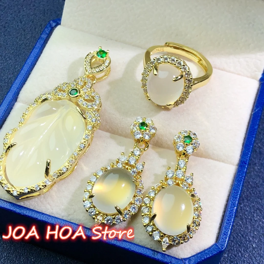 

With Chain Gold-plated Inlays Transparent Chalcedony Agate Earring Ring Pendant Necklace Jewelry