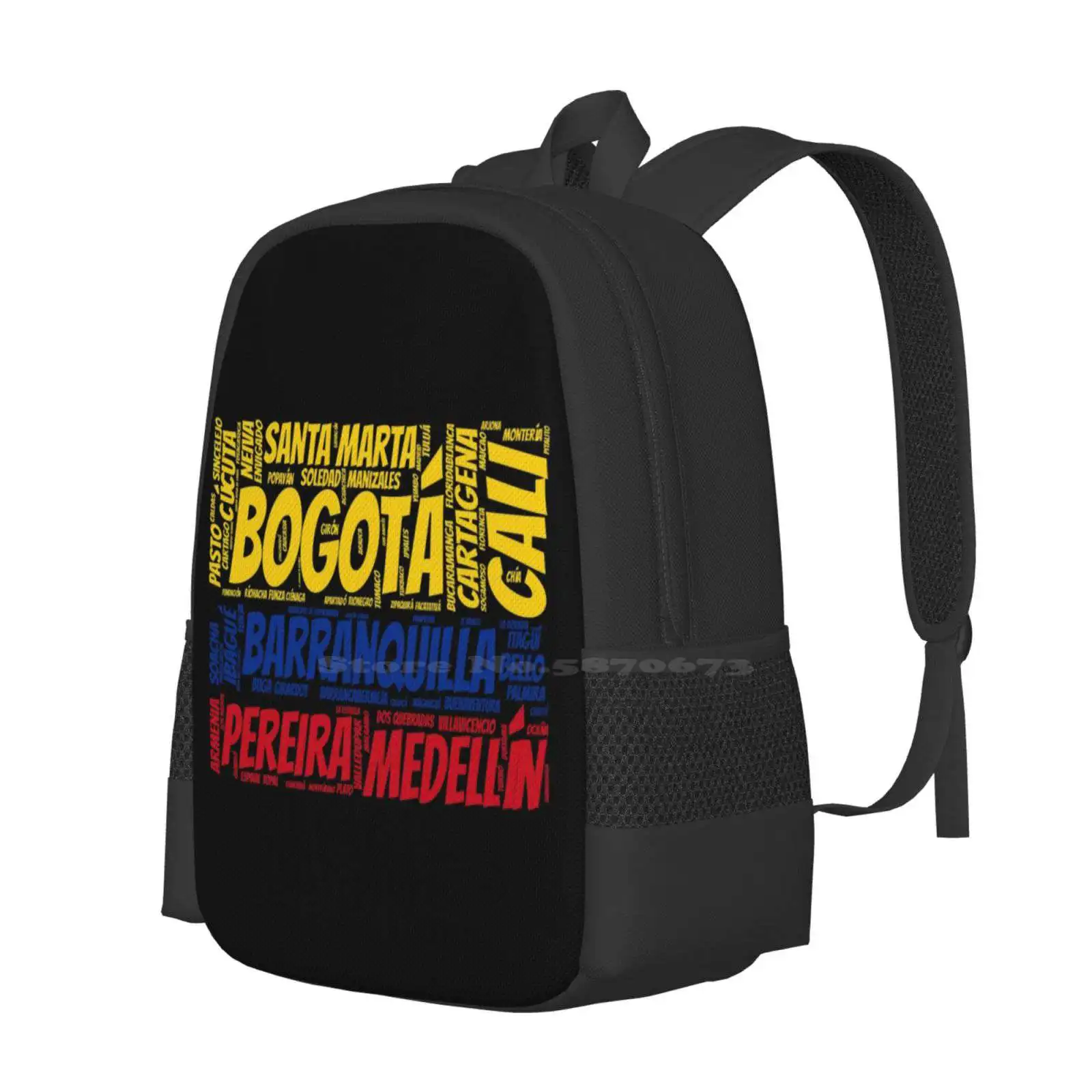 Colombia Flag With City Names Word Art Hot Sale Schoolbag Backpack Fashion Bags Colombian Flag Proud Bogota Pride Patriotic