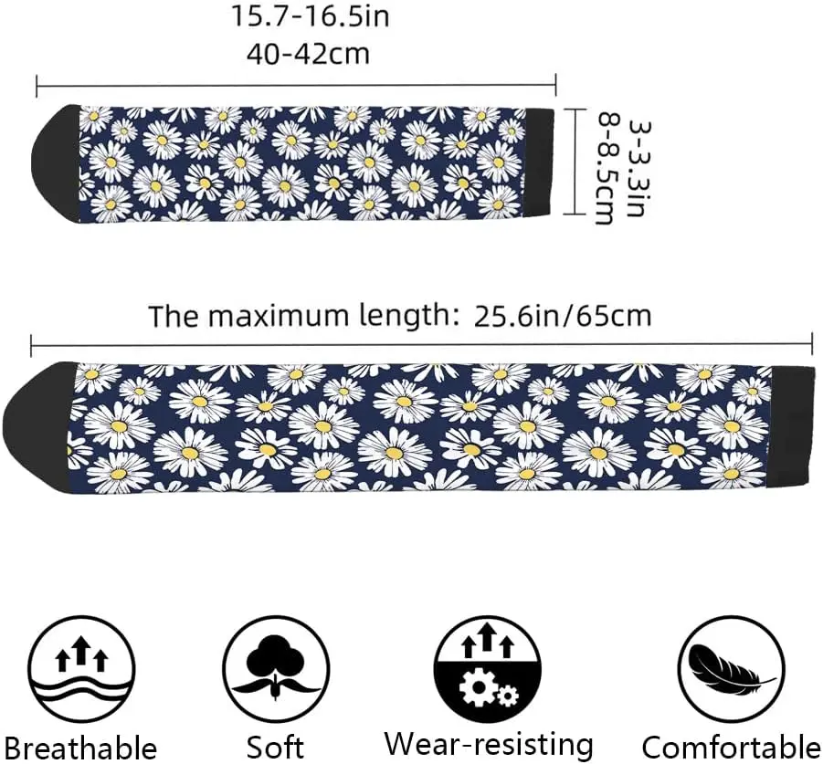 Navy White Daisy Funny Socks Flower Print Chamomile Novelty Casual Crew Socks Contrast Color Design for Women Men Gift