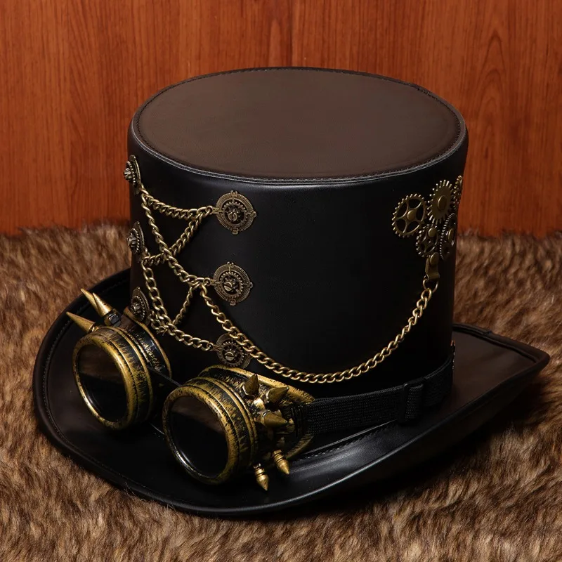 Victorian Steampunk Top Hat with Goggles Vintage Accessories Set for Adult Halloween Cosplay Stage Show Dress Up Magician Hat 4