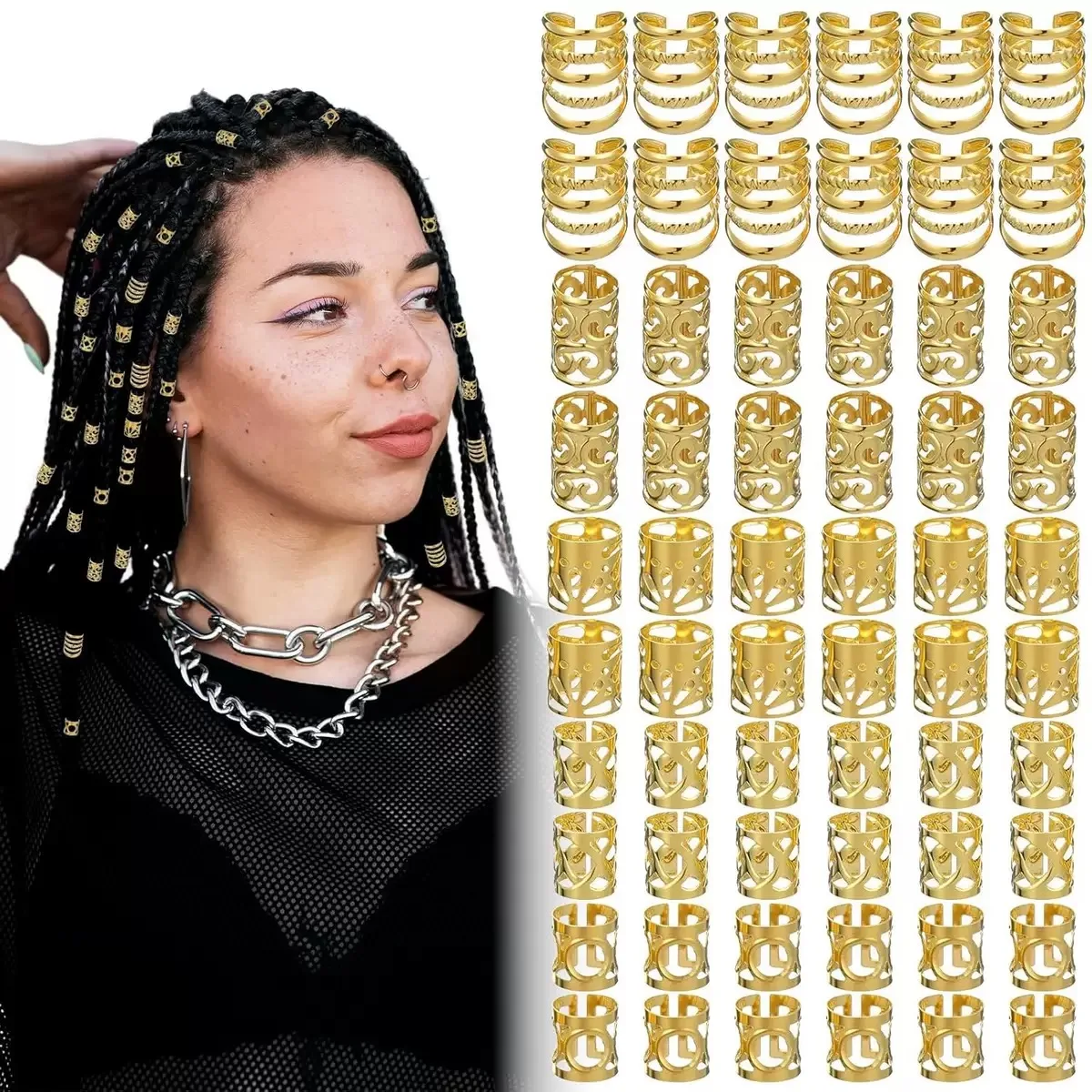 

100Pcs Mixed Size Golden and slivery Hair Jewelry for Braids, 5 Styles Hollow Dreadlock Beads Cuffs, Adjustable Metal Hair Rings