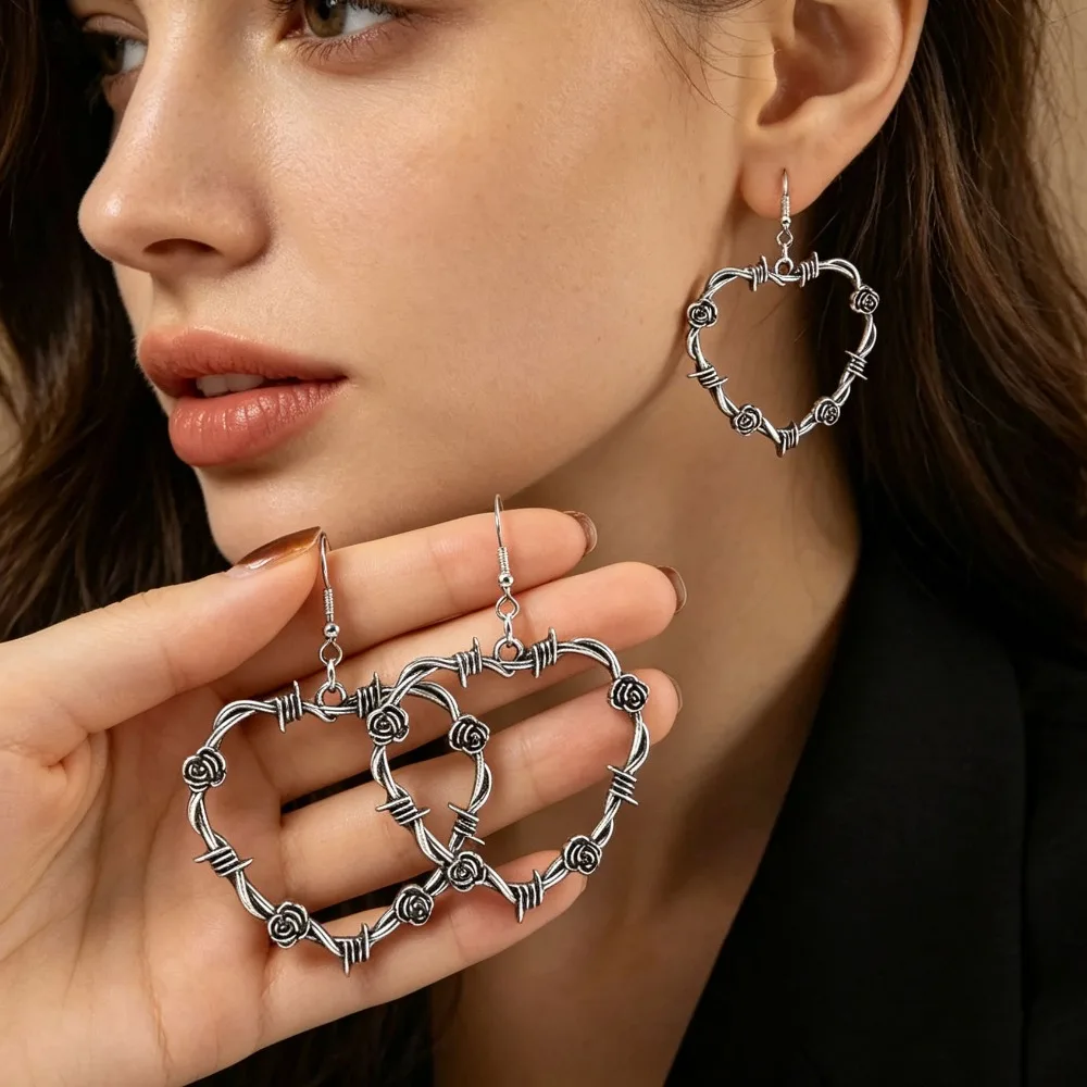 Punk Gothic Style Barbed Metal Rose Black Heart Drop Earrings Night Party Fashion Accessories