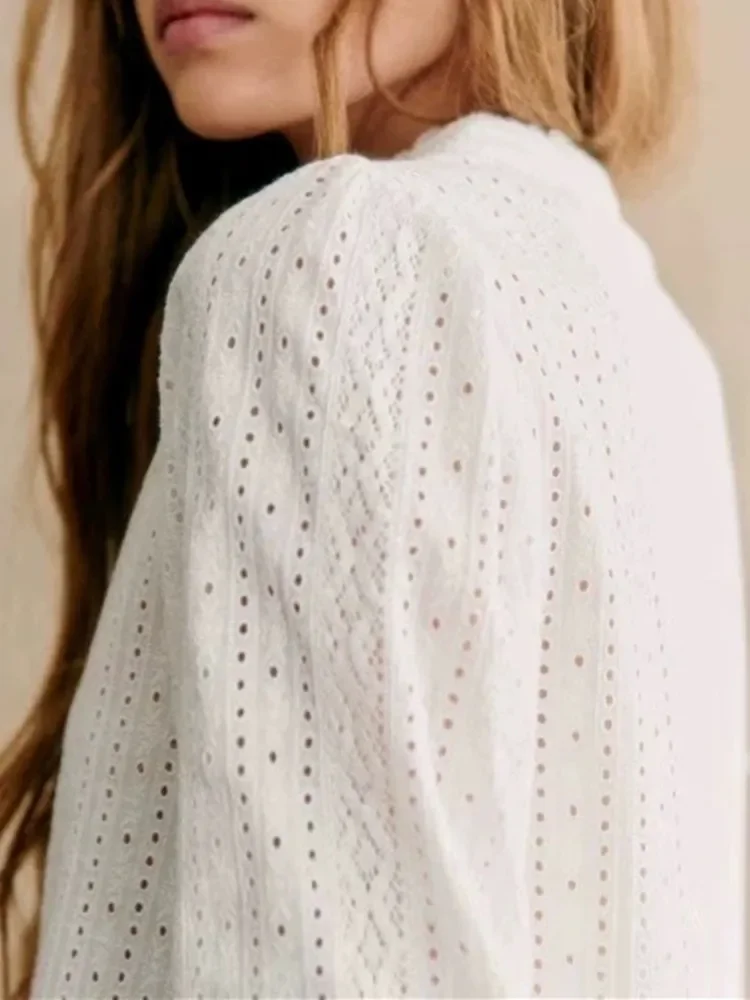 

2025 Autumn Women's White Cotton Blouse - Lace Trim Embroidery Retro Puff Sleeve Chic Feminine Shirt
