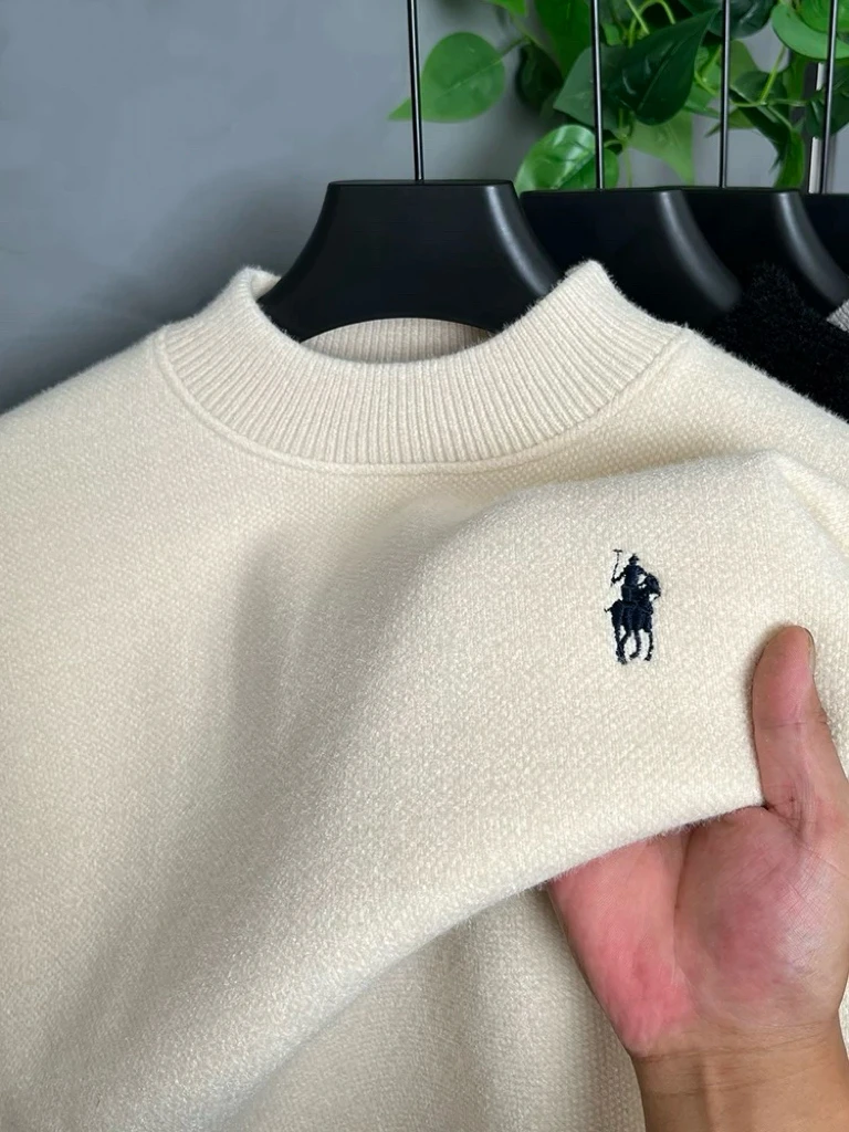 سترة رجالية فاخرة برقبة دائرية من العلامة التجارية الفاخرة، أزياء غير رسمية رائعة مطرزة بالشتاء مع بلوفر متماسك سميك ودافئ #1