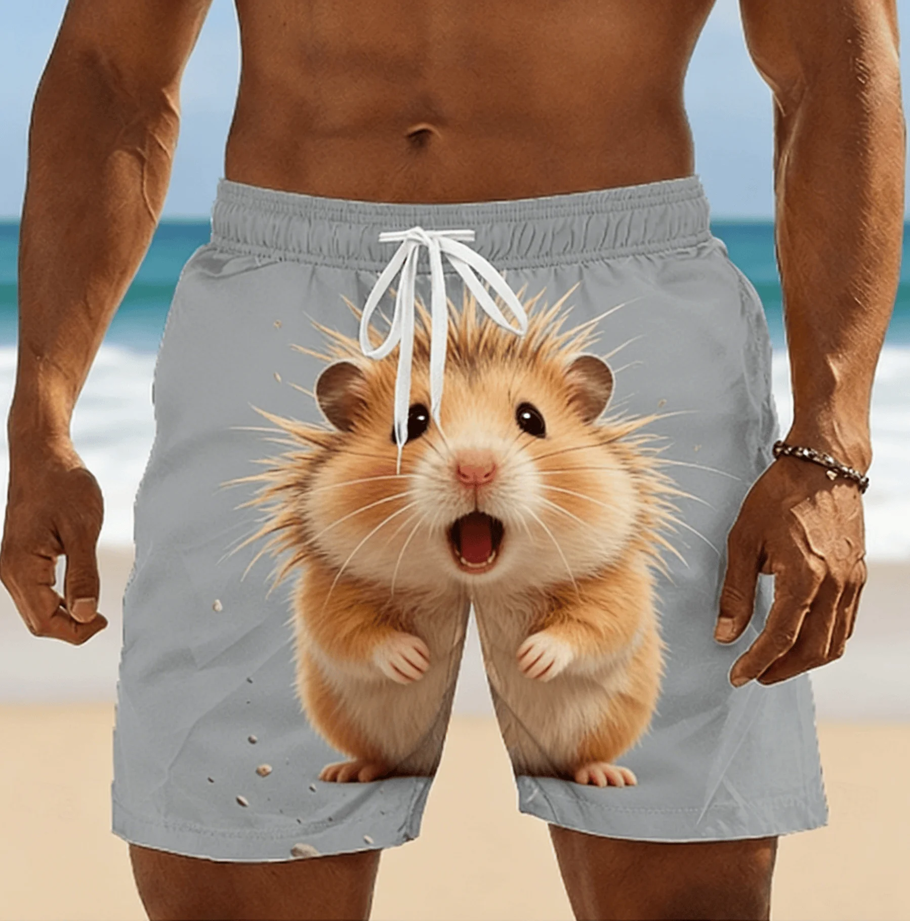 Men's Creative Big Eyes Animal All-over Print Men's Beach Shorts, Trendy Spring Summer Outdoor Vacation Swim Trunks