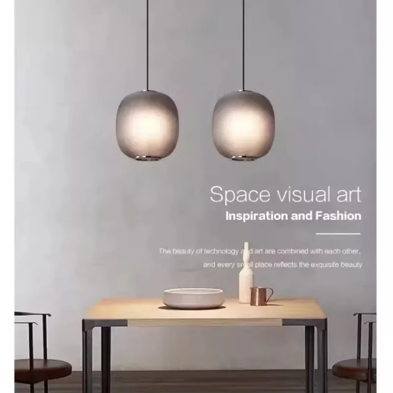 Nordic Designer Grey Glass Lantern - LED Pendant Light for Kitchen Bar, Cafe & Dining Table