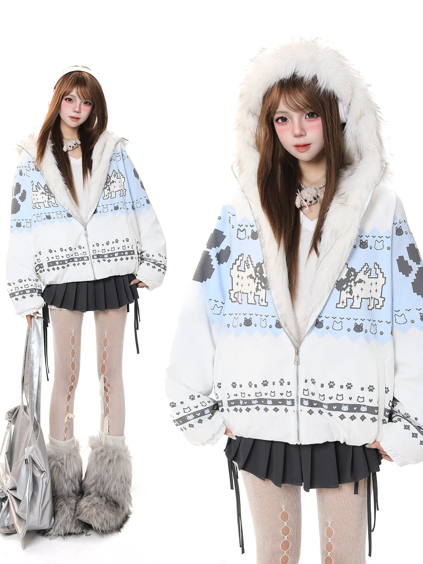 Cute Anti-Aging Cartoon Print Plush Hooded Cotton Jacket Women Winter New Loose Design Sensation Fur Collar Warm Cotton Coat