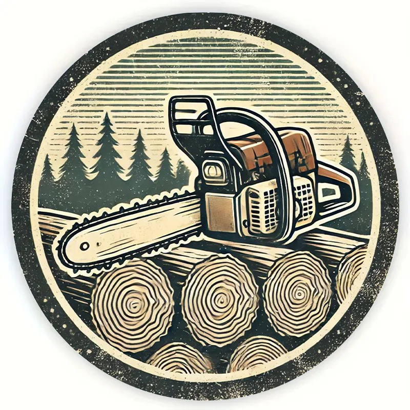 2D flaches 1-teiliges Vintage-Kettensägen-Holzschild – kreisförmige Wanddekoration aus Holz, Felling-Thema-Schild für Heim- und Außendekoration