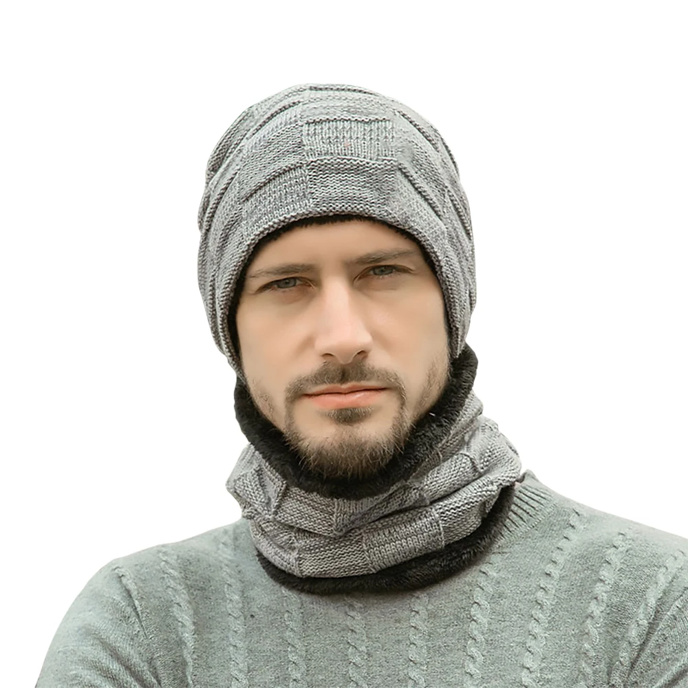 Men's Winter Keep Warm Beanie Scarf Set Male Fleece Lining Woolen Yarn Hat Knit Neck Gaiter Solid Color Plaid Design Wholesale