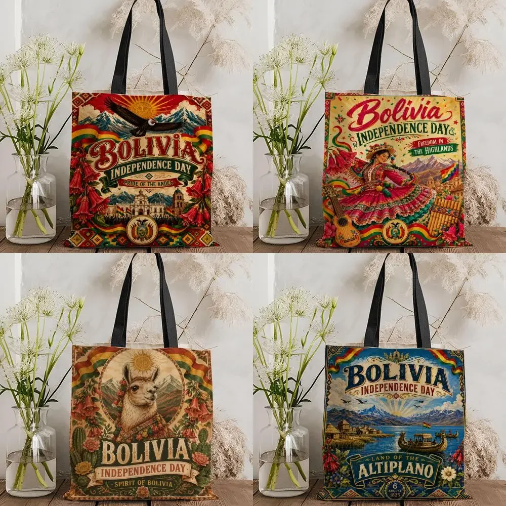 Aufbewahrungstaschen zum Unabhängigkeitstag Boliviens, doppelseitig bedruckte Canvas-Tragetasche, umweltfreundliche, wiederverwendbare Handtasche mit großem Fassungsvermögen