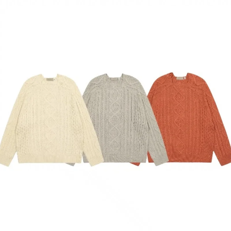 

High Street Vintage Handmade Hemp Pullover Round Neck Sweater Loose Casual Couple Knitwear Trend