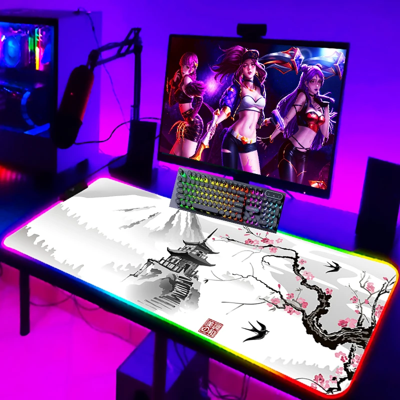 

Japanese Cherry Blossom Sakura Pagoda Gaming Mouse Pad RGB Computer Mouse Pad Large LED Mousepad XL Mause Pads PC Gamer Desk Mat