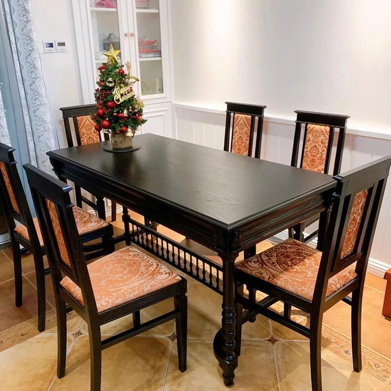 

American solid wood carving flower black knight dining table home dining room design rectangular old log desk