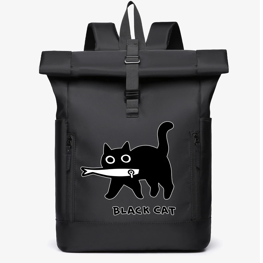 

Waterproof Roll Top Outdoor Backpack Fun A Black Cat Eating Fish Japanese Style Printed Durable Casual Backpack Travel Daily Use