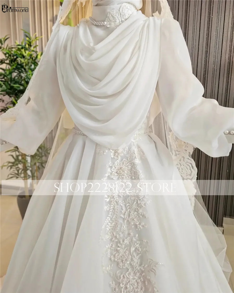 Vestido De novia musulmán De manga larga para mujer, De cuello alto Hijab, línea A, gasa, 2024