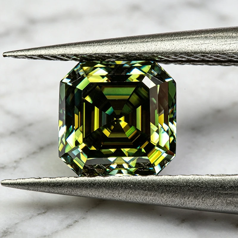 Moissanit-Stein in natürlicher gelb-grüner Farbe, Asscher-Schliff, Edelstein für DIY-Schmuckherstellung von Ringen und Ohrringen mit Zertifikat. – Detail 5