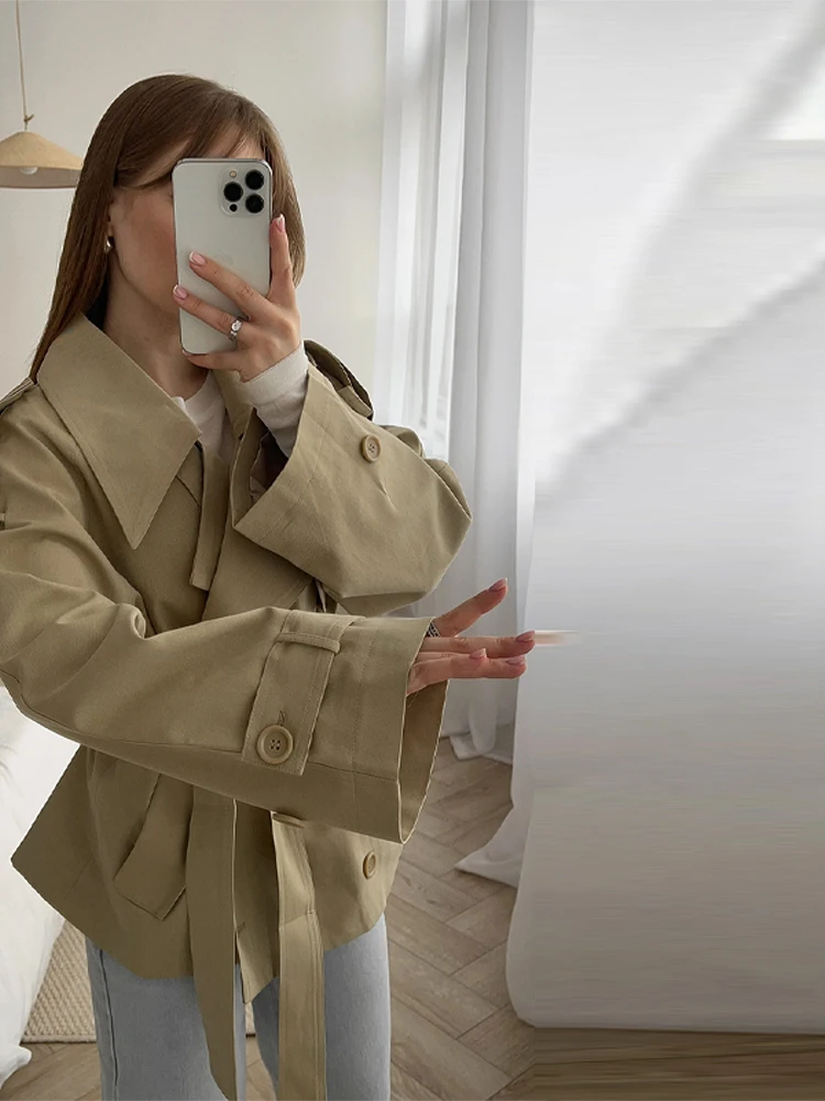 Fashion Lace Up Ruches Trenchcoat Vrouwen Solid Losse Revers Volledige Mouw Jassen Vrouwelijke Lente Herfst Dame Pendelen Jassen Nieuw