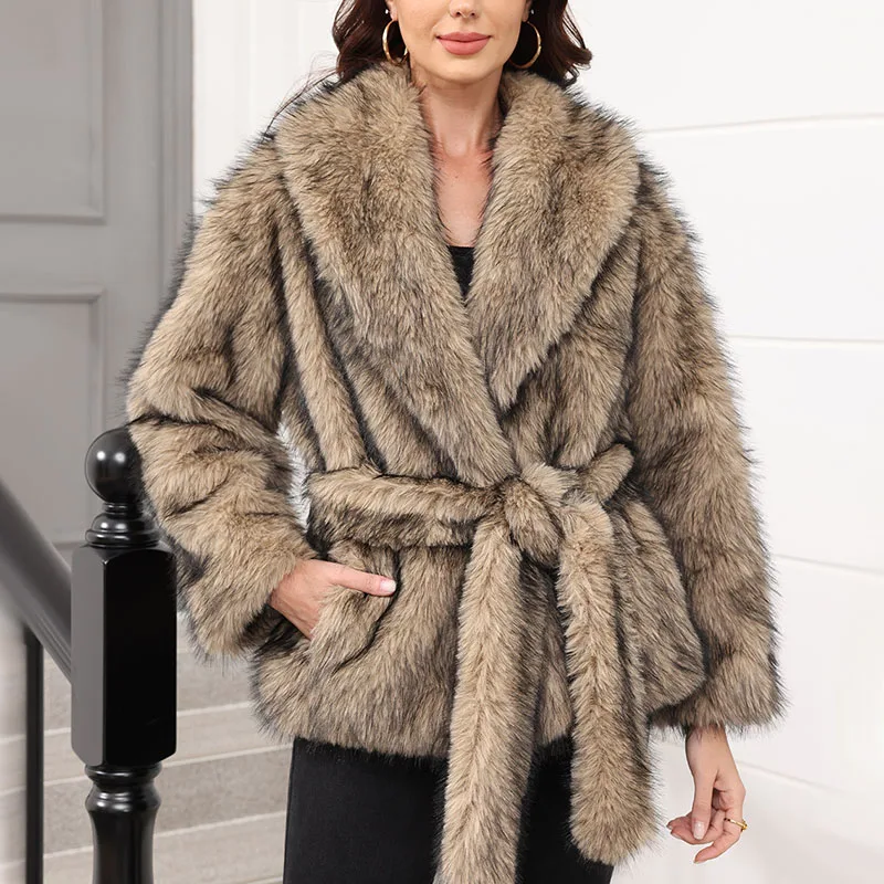 

Women Faux Fur Coats With Belted Winter Fluffy Thicken Warm Jackets Solid Color Female Long Sleeve Turn-down Collar Outerwear