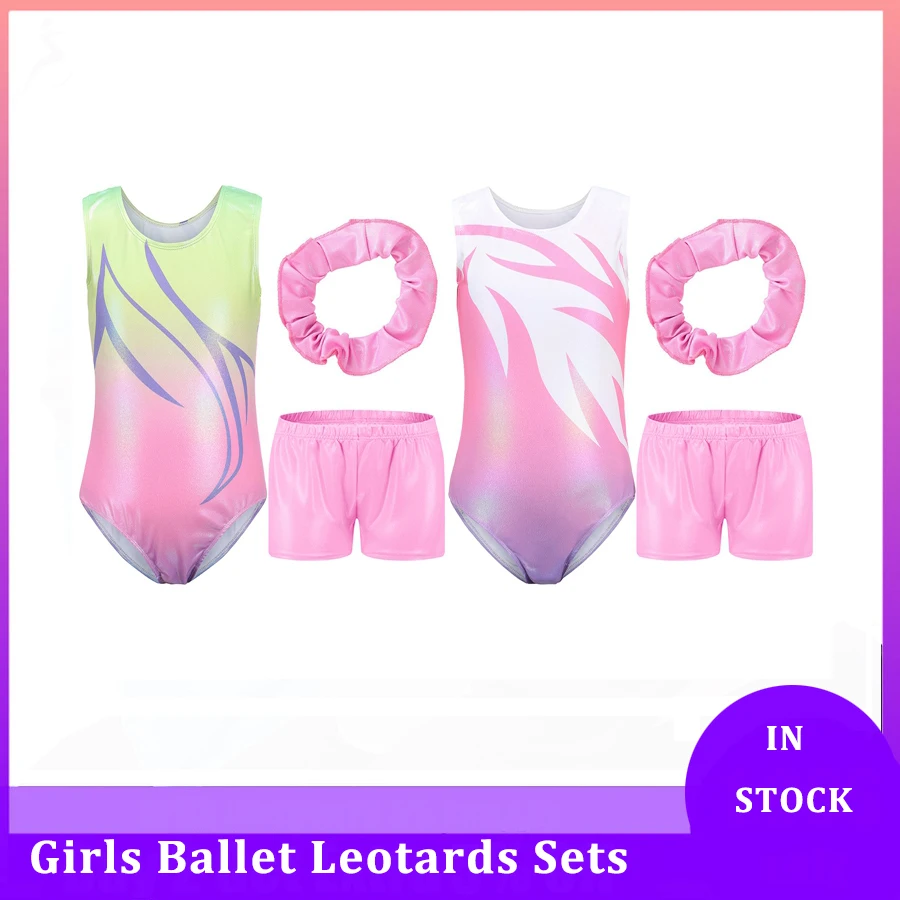 

Kids Girls Gymnastics Leotards Sets Ballet Sleeveless Bodysuit With Shorts Hairband Stage Performance Outfits Dance Costumes