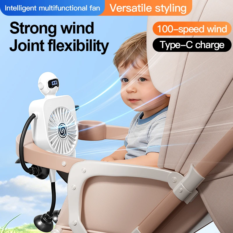 

New Versatile Robot Mini Fan with Suction Cup Smart Digital Display USB-Powered Cartoon Desktop Fan for Multiple Settings