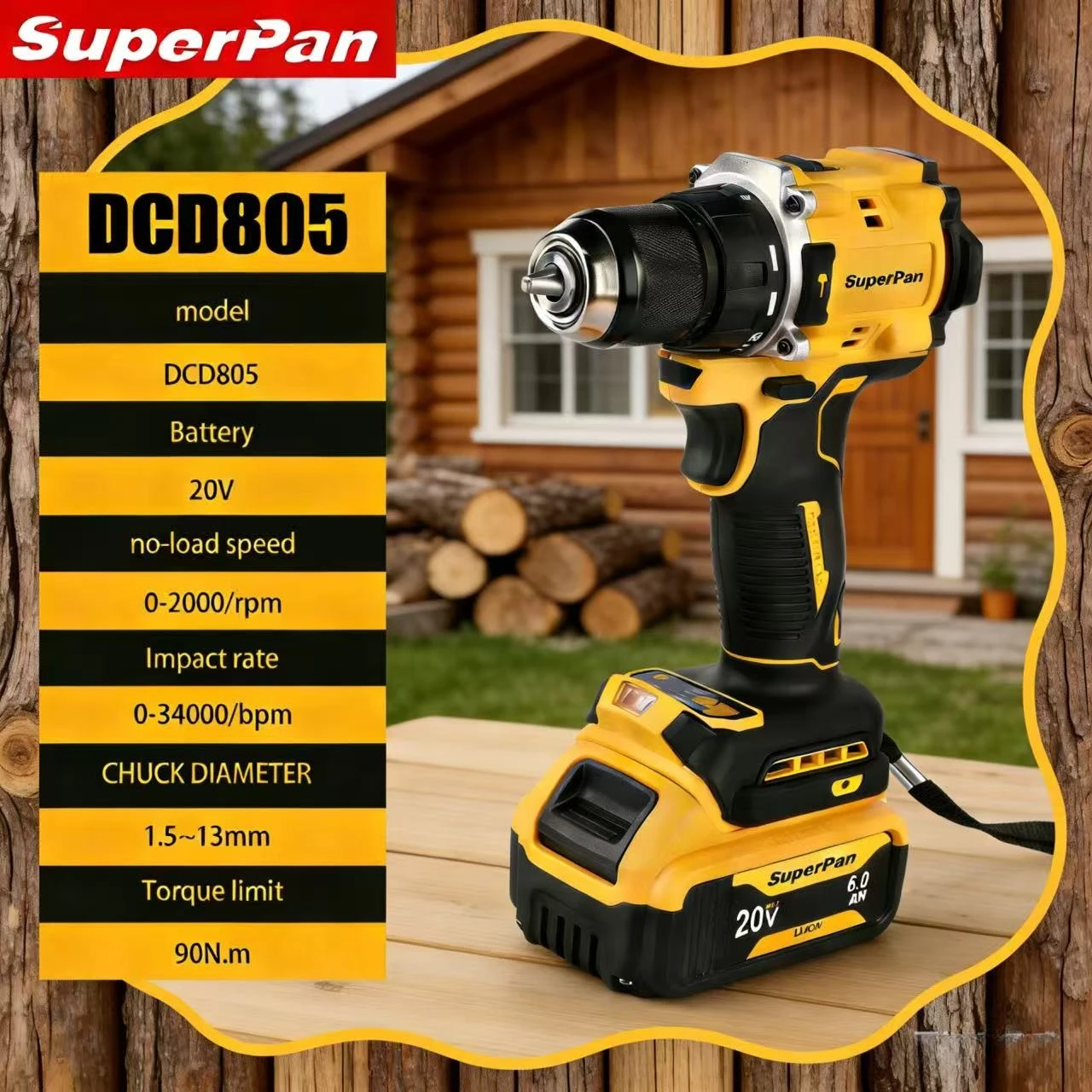 

Супермощная бесщеточная дрель-шуруповерт SuperPan SP805 для промышленных строительных работ, совместимая с аккумулятором DeWalt 20V.