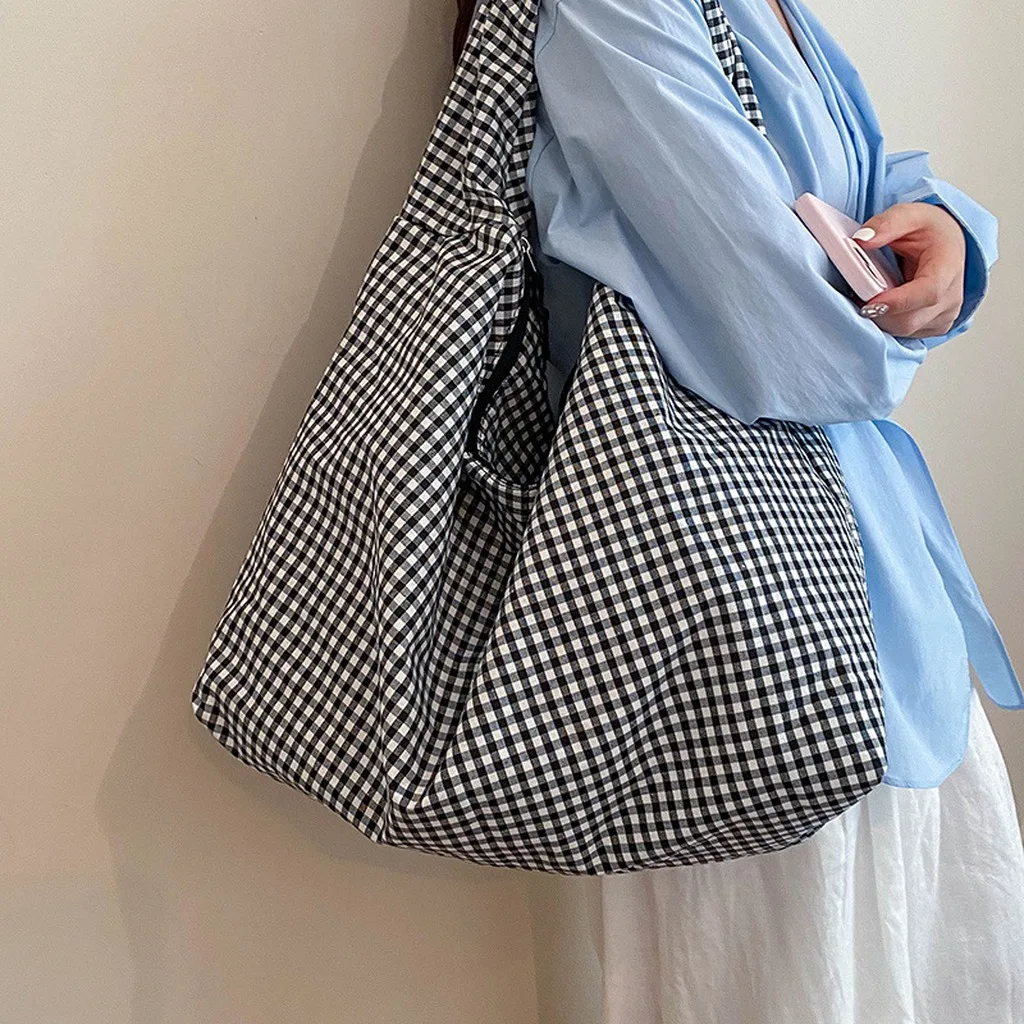 Large Capacity Tote Casual Women'S Tote Bag Nylon Shoulder Bag Check Pattern Check Pattern Handbag For Shopping Short Outing