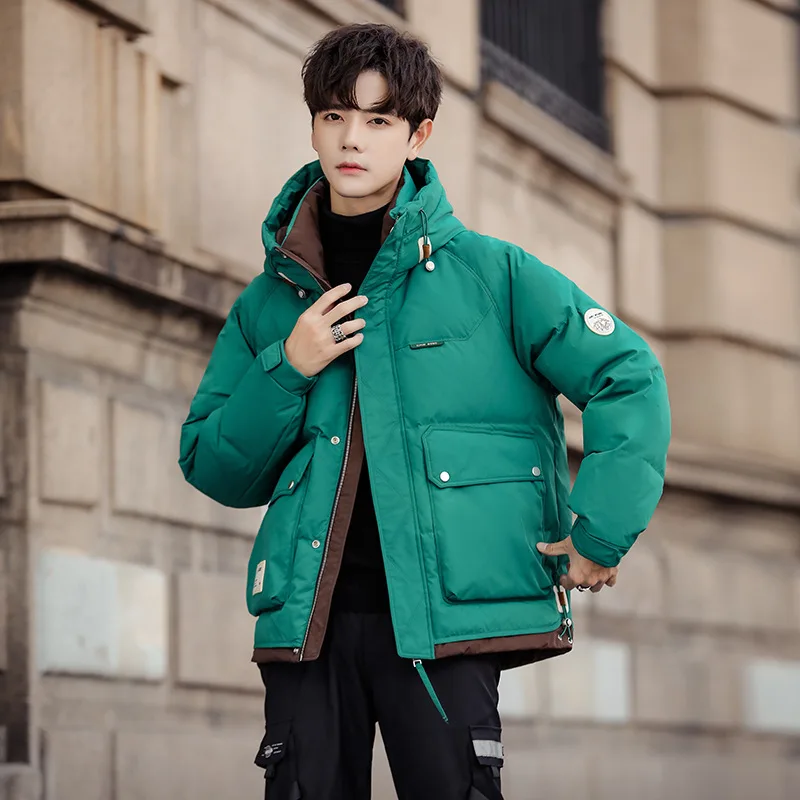 New Loose Contrast Color Men and Teenagers Winter Thick Coat 90% White Duck Down Green Hooded Sports Casual Puffer Jacket