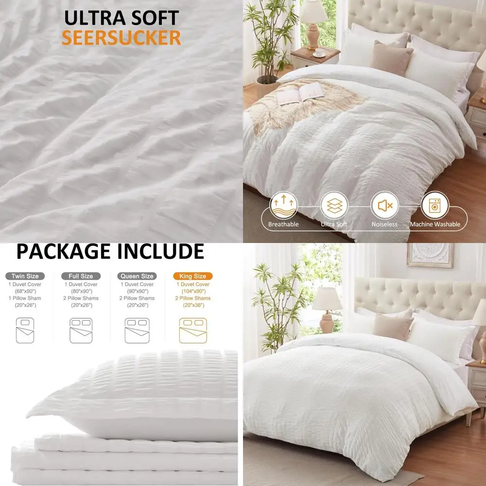 

Белый королевский размер, постельное белье из 3 предметов, комплект пододеяльников Sot Breathable Seersucker с застежкой-молнией и завязками (1 пододеяльник 104 x 90