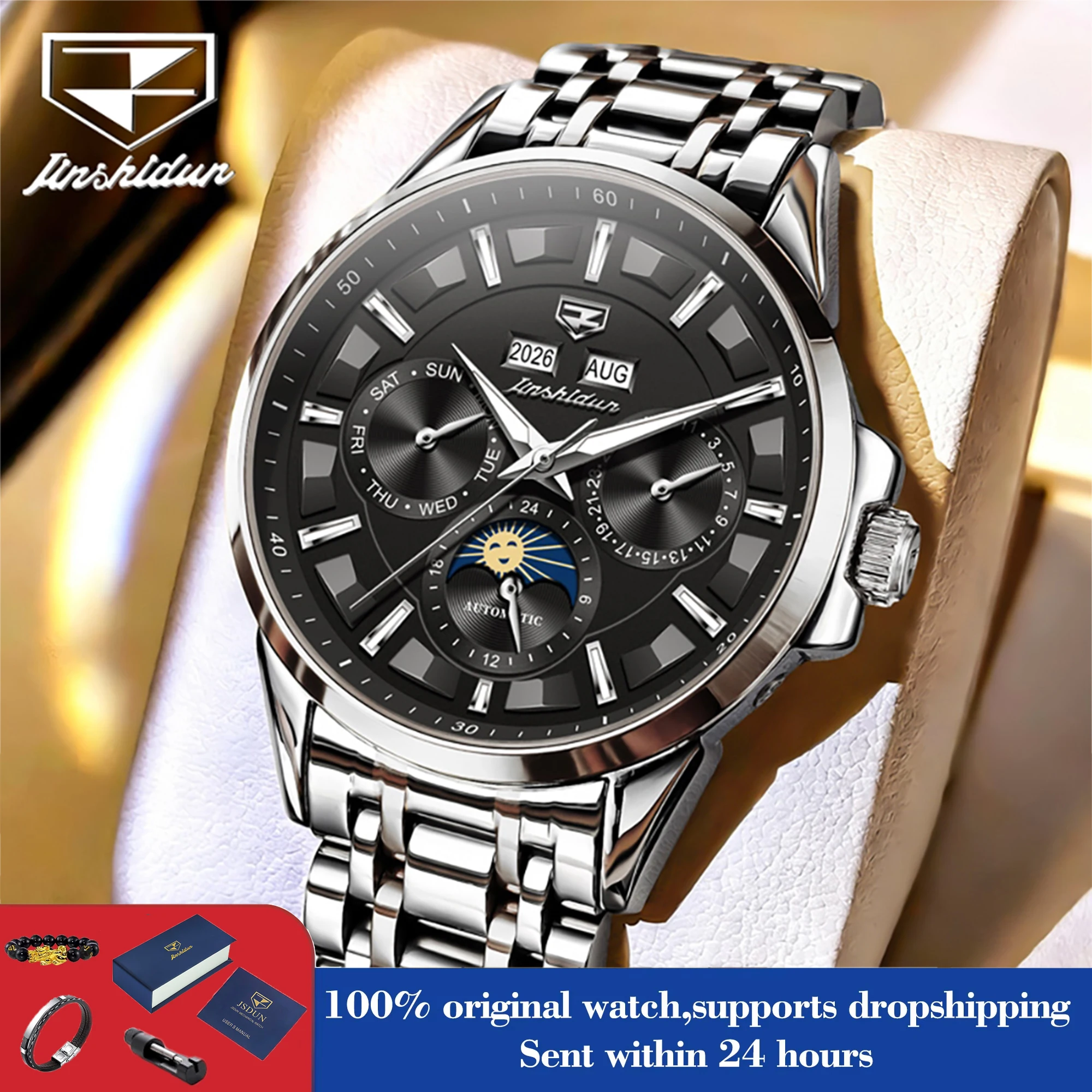 Мужские автоматические механические часы JSDUN 8997 Business Luxury Original с вечным календарем, водонепроницаемые, с указанием дня и даты