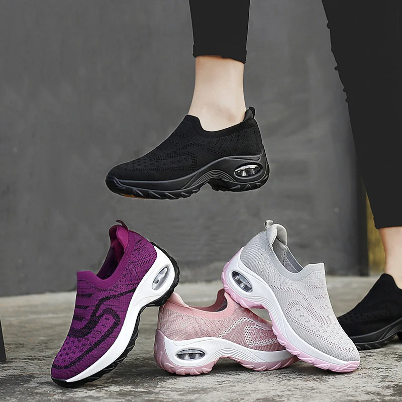 Spring Women's Casual Sports Socks Sneakers Fashion Thick Sole Air Cushion Elevated Sloping Heel Rocking Comfort Shoes