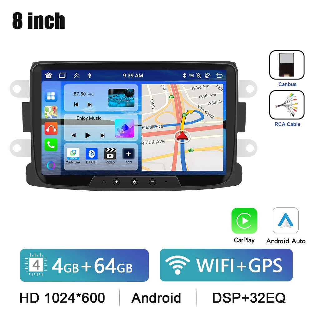 Podofo 8 "Autoradio CarPlay Android Radio Voor Renault Dacia Sandero/Duster/Logan/Dokker 2010-2015 multimedia GPS Bluetooth FM