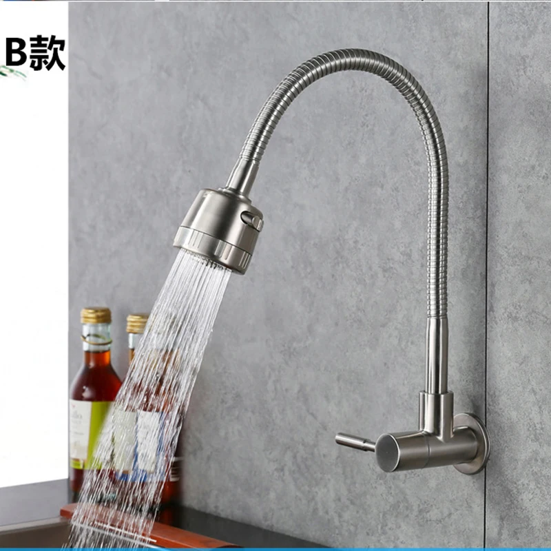 

Wall Mounted Kitchen Single Cold Faucet 304 Stainless Steel Universal Rotation Single Handle Kitchen Sink Faucet Brushed