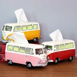 Bus Model Figurines Retro Car Tissue Holder Dustproof Napkin Storage Box Paper Case Ornament for Office Home