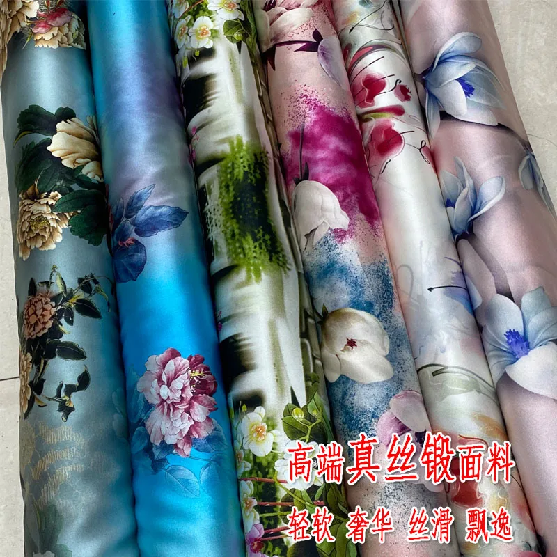 

19momme Real Silk Spandex Satin Fabric Chinese Style Peony Inkjet Printing Heavy Cheongsam Dress