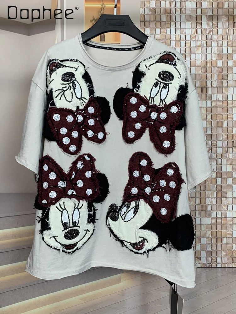

Модная свободная футболка с короткими рукавами с героями мультфильмов, женская одежда, модный брендовый топ с милыми нашивками и блестками, осень-зима