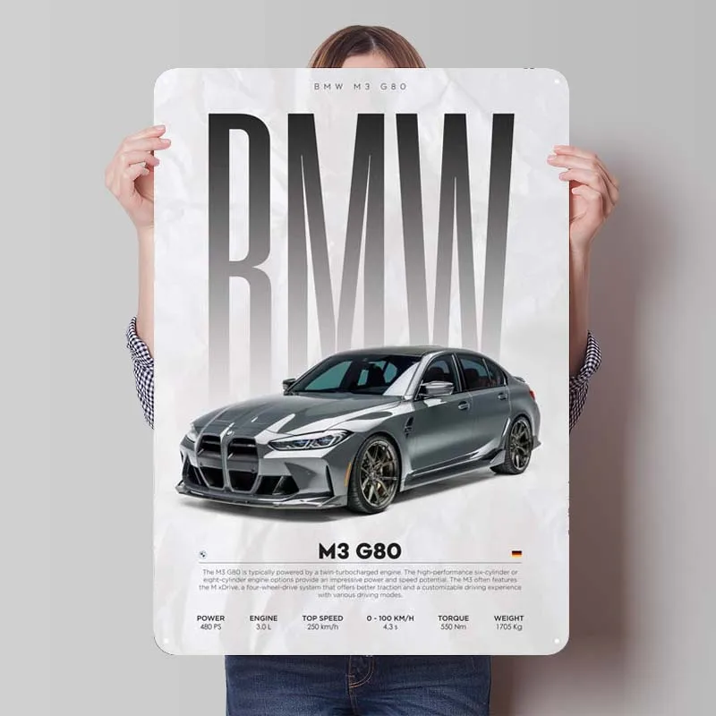 BMW M3 G80 targa in banda stagnata auto Poster decorazioni per la casa cartello in metallo per Garage decorazione di arte della parete piastra