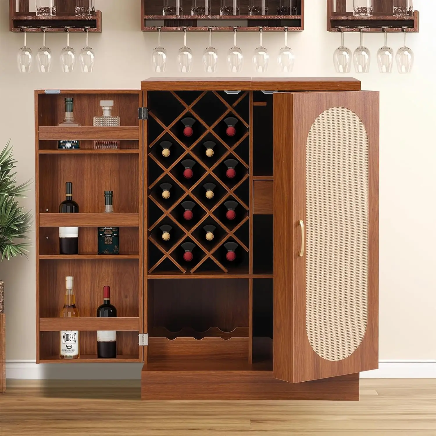 Carved Wine Bar Cabinet,Farmhouse Wooden Sideboard Buffet with 24 Wine Rack and 3 Size Glass Holder,Freestanding Liquor Cabinet