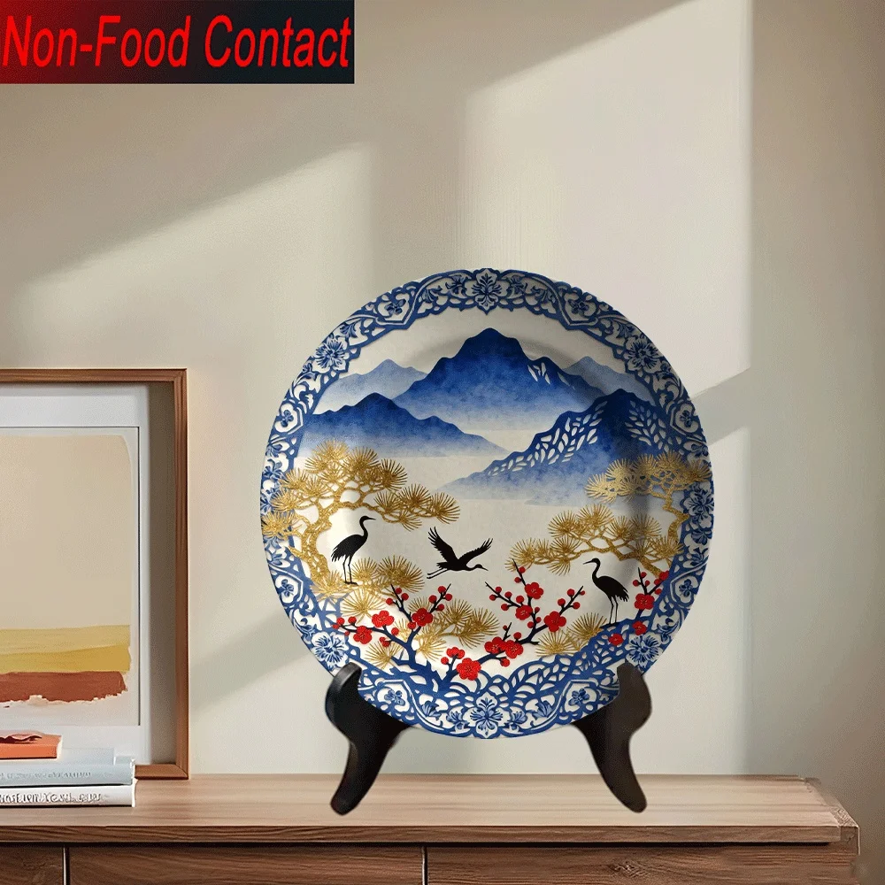 1pc Chinese Blue and White Ceramic Decorative Plate - Round Ornate Asian-Inspired Porcelain Art with Black Rim, Golden Crane &