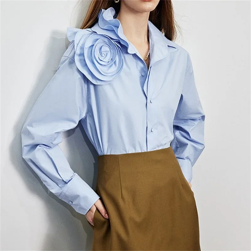 Traje azul claro para mujer, camisa de flores 3D, ropa de trabajo para mujer, abrigo elegante, 1 pieza