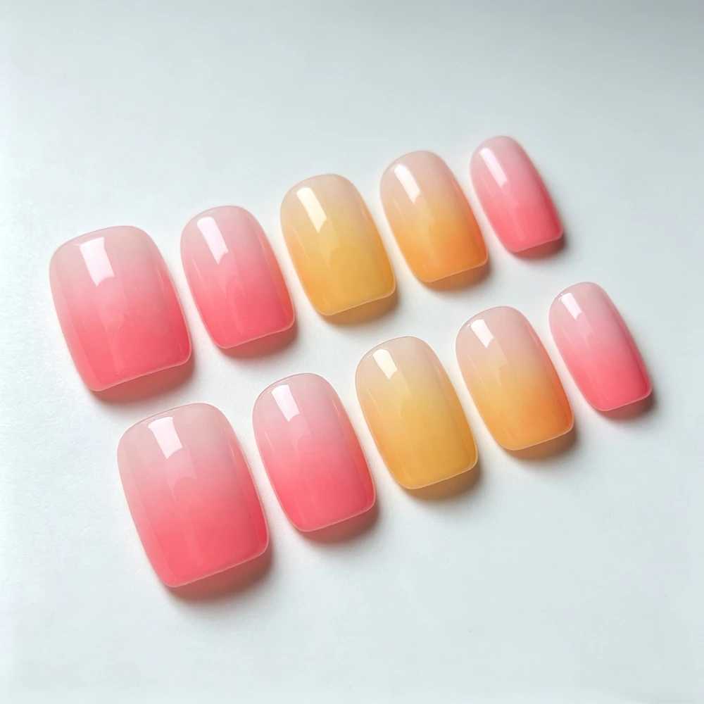 Pink Yellow Gradient Short Square Press On Nails Reusable Acrylic Manicure Set with Glue Pad for Women Daily Wear
